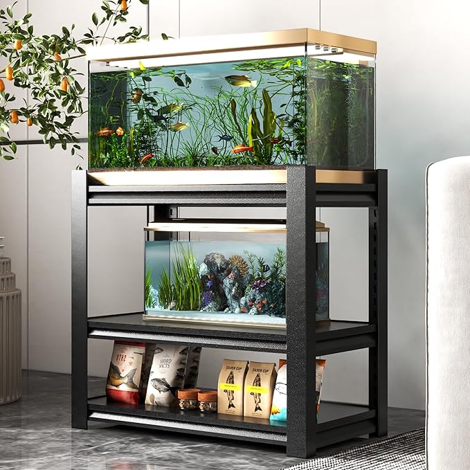 20-30 Gallon Fish Tank Stand - Metal Aquarium Stand, 34 "W x 18 "D x 31" H Adjustable Heavy Duty Reptile Tank Stand, Adjustable 3-Tier Fish Tank Rack Shelf for Home Office, Tank Not Included
