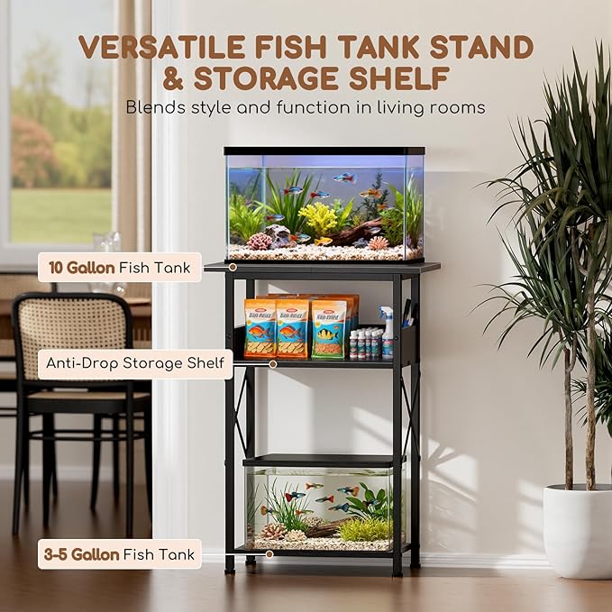 10 Gallon Fish Tank Stand with Storage Shelves, 3-Tier Aquarium Stand with Rust-Proof Metal Frame, Heavy Duty Waterproof Reptile Turtle Tank Stand for Home Office Up to 150LBS, 21.5" L x 11.5" W x 30" H, Black