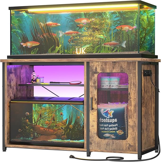 Unikito 55-75 Gallon Aquarium Stand with Power Outlets & LED Light, Reversible Fish Tank Stand with Cabinet for Fish Tank Accessories Storage, Heavy Duty Metal Frame, 880LBS Capacity, Rustic Brown