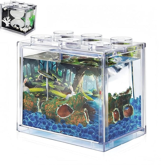 Small Betta Fish Tank, Mini Sea Monkey Tank Aquarium Kit with Gravel & Background Resin Decor, 0.6 Gallon Stackable Tabletop Fish Bowl Accessories for Shrimp Seaweed Ball