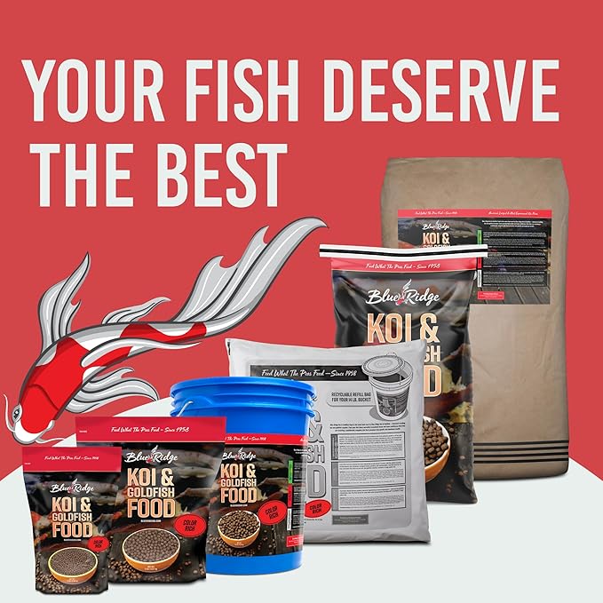 Blue Ridge Koi Fish Food 14lb Bucket Refill - Color Rich Formula Goldfish Food, Ponds Fish Food, Floating Pellets