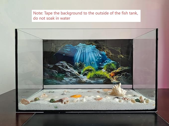 Underwater Cave Aquarium Background Rocks Water Plants Sunburst Landscape Fish Tank Background 24x12 Inches PVC Glass Container Decoration with Tapes