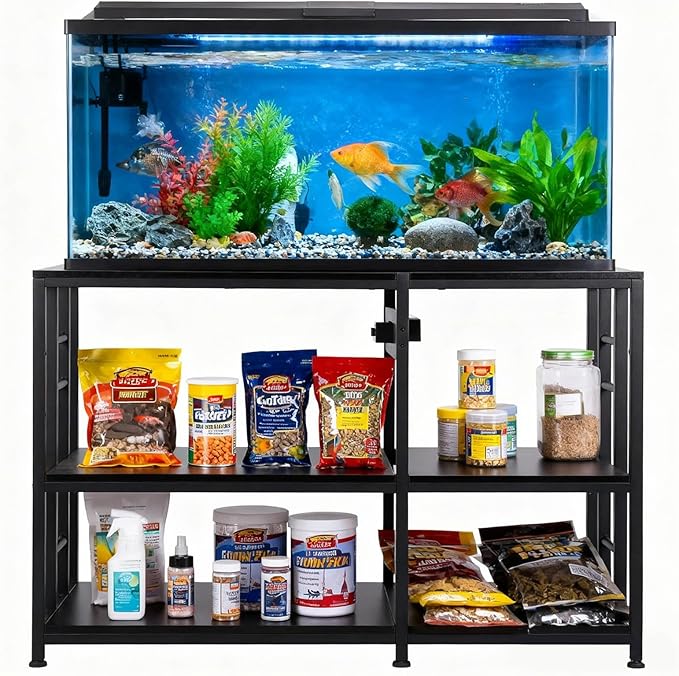 FAHKNS 40 50 Gallon Aquarium Stand 36x18 Inch Heavy Duty 750lbs Capacity, 3-Tier Black Adjustable Shelf Steel Frame Fish Tank Stand with Power Outlet Suitable for Home Office