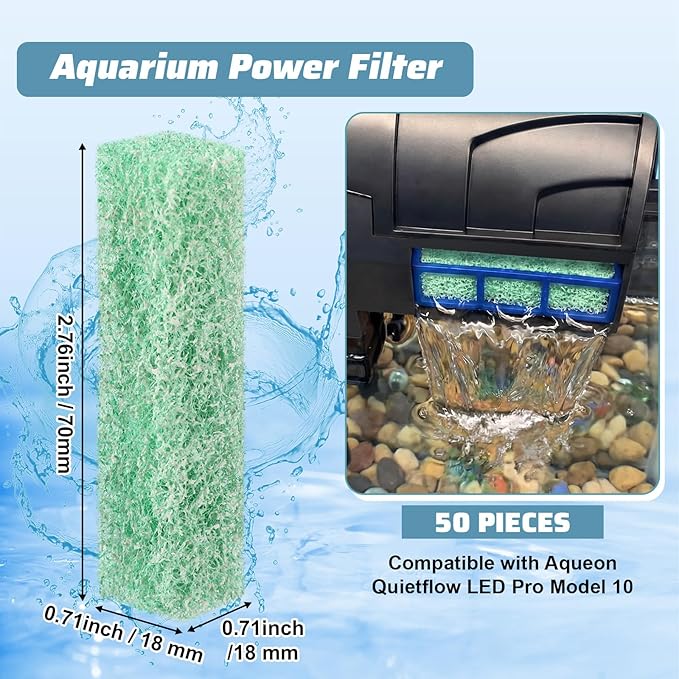 VIHOSE 50 Pcs Ammonia Reducer Filter Pads Compatible with Aqueon Quietflow LED Pro Model 10, Fiber Cotton Replacement Filter Cartridges, Aquarium Fish Tank Sponge Media for Filters (Green)