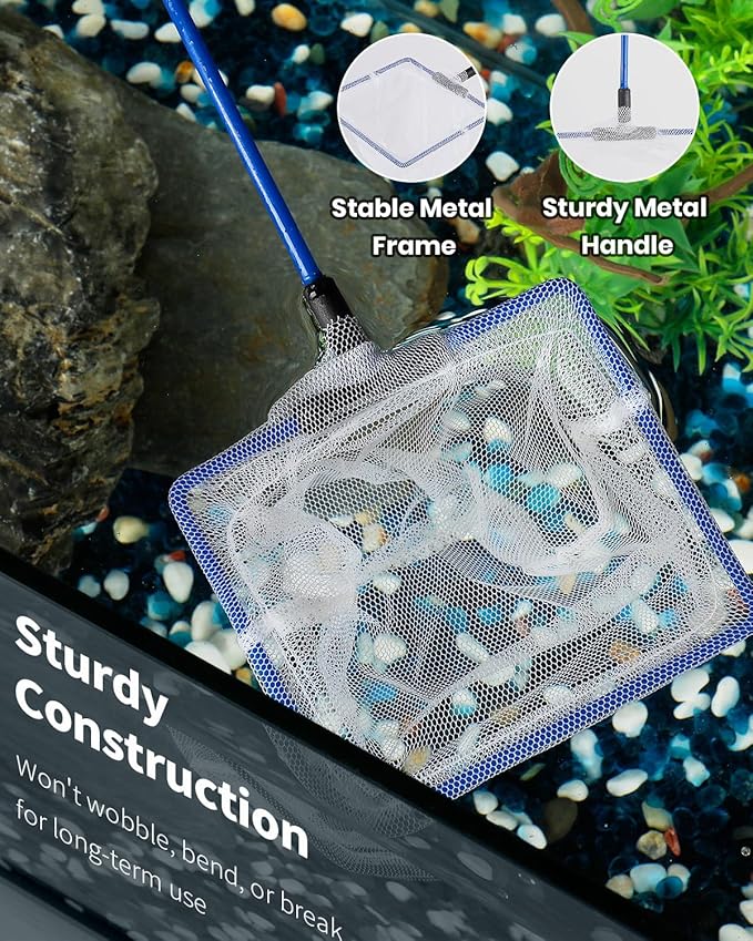 Pawfly Fish Net for Fish Tank, Fish Tank Net, Aquarium Net with Metal Handle and Plastic Mesh, Small Fish Net Minnow Net for Small Ponds, Freshwater and Saltwater, 3.8" x 3.3"