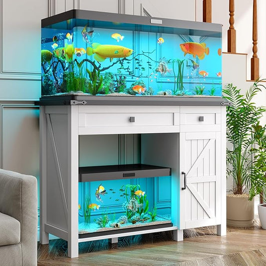 kepptory 40 Gallon Fish Tank Stand with Power Outlets, Farmhouse Decorative Aquarium Stand Furniture with Adjustable Shelves and Drawer, Reptile Turtle Tank Stand with Cabinet Storage (White, 30-40GL)