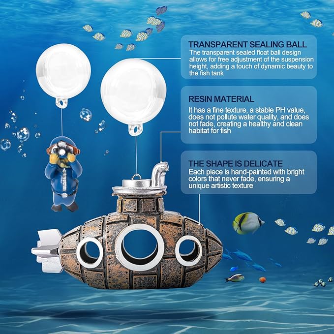 CousDUoBe New Upgrade Floating Fish Tank Decoration, Cute Retro Submarine Set and Floating Diver,Three Float Balls, Aquarium Decorations Resinous Betta Fish Tank Accessories