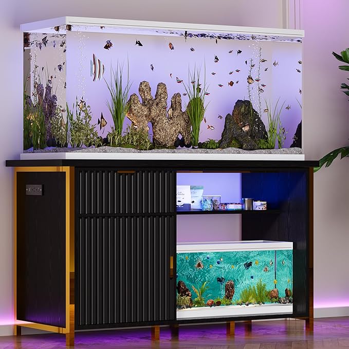 55-75 Gallon Fish Tank Stand with Power Outlets, LED Light, Vertical Lines, Heavy Duty Aquarium Stand with Cabinet for Fish Tank Accessories Storage, Turtle Tank, Reptile Terrarium (Black and Gold)