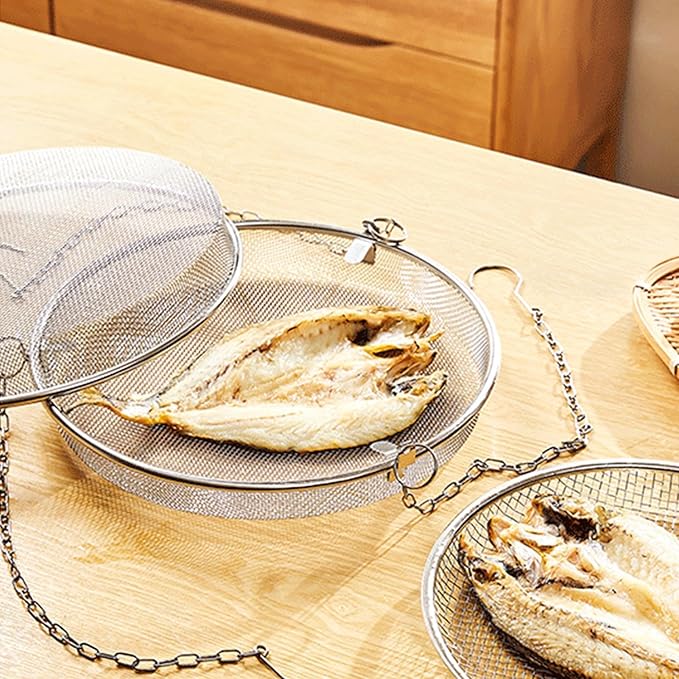 Hanging Fish Drying Net – Round Stainless Mesh Rack, Foldable Food Dehydrator | Multi Tier Dry Net Basket, Fly Resistant Hanging Racks for Herbs, Seafood, Spices, Fruits and Kitchen Gardens