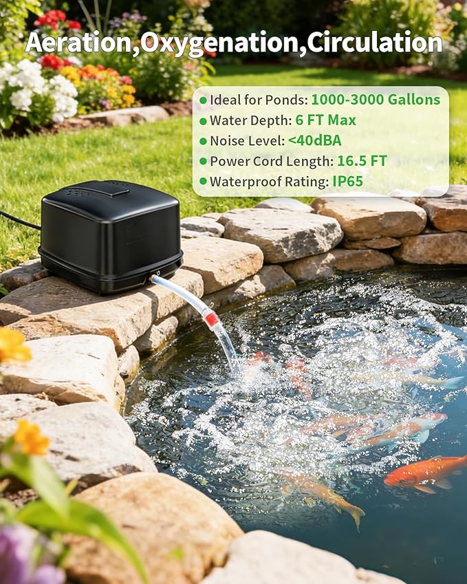 POPOSOAP Pond Aerator, 640GPH High-Volume Pond Air Pump for 1000-3000 Gallon Ponds, Ultra-Quiet Septic Aerator IP65 Waterproof for Koi Pond, Water Garden, Fish Tank & Winter Ice Prevention P840