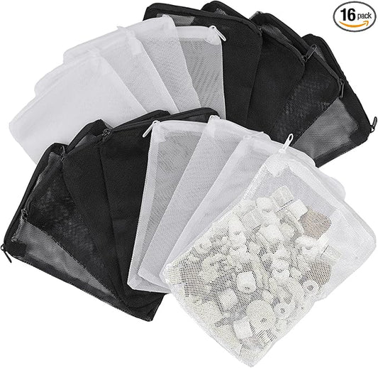 16 Pcs Aquarium Filter Media Bags Extra Fine, 7.8 x 5.9 Inch Filter Media Bag with Zipper, White & Black Aquarium Mesh Bag for Fish Tank Activated Carbon, Ceramic Rings