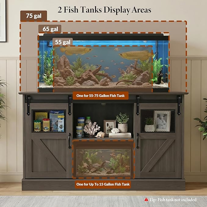 TITIMO 55-75 Gallon Fish Tank Stand with Power Outlet, Heavy Duty Large Aquarium Stand with Sliding Barn Door and Cabinet Storage for 2 Fish Tank Turtle Tank Reptile Terrarium, 1300LBS Capacity(Gray)