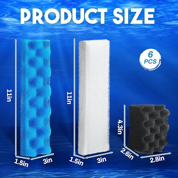 Threlaco 6 Pcs Aquarium Filters Bio Sponge Sets Compatible with Fluval 406/407, Including 2 Blue 2 White 2 Black Bio Sponge for Replacement Filter Media Kit
