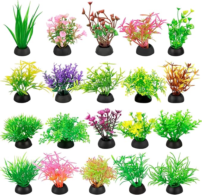20PCS Colorful Aquarium Decorations Set - Artificial Plastic Plants with Stable Base Fake Underwater Plants for Freshwater Small Aquariums
