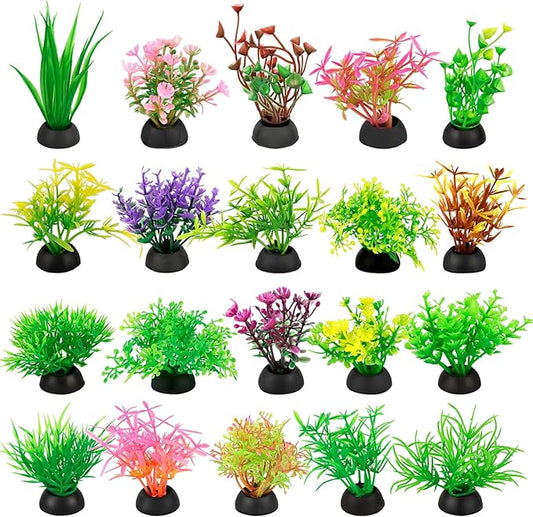 20PCS Colorful Aquarium Decorations Set - Artificial Plastic Plants with Stable Base Fake Underwater Plants for Freshwater Small Aquariums