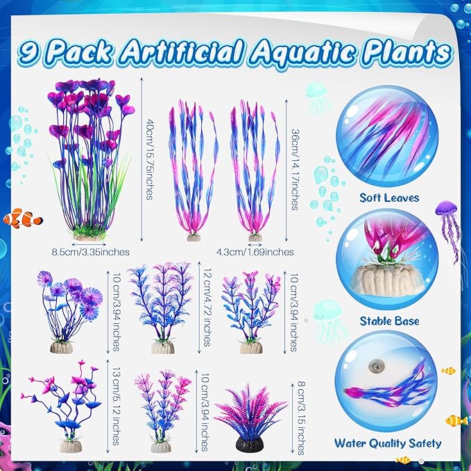 Zeyune 15 Pcs Fish Tank Decorations Mountain Ornament Broken Barrel Sunken Ship Artificial Seaweed Water Plants Colorful Coral Reef for Fish Bowl Aquarium Decor(Purple)