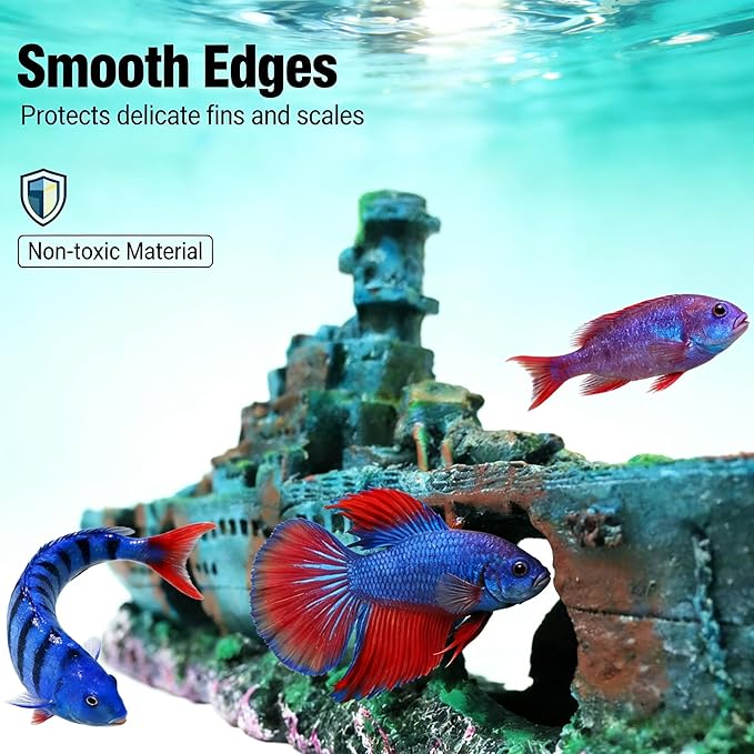 Eco-Friendly Resin Aquarium Shipwreck Decor, Realistic Sunken Ship Fish Tank Ornament, Safe Hideout & Landscaping Accessory for Betta Fish, Freshwater and Saltwater Aquariums