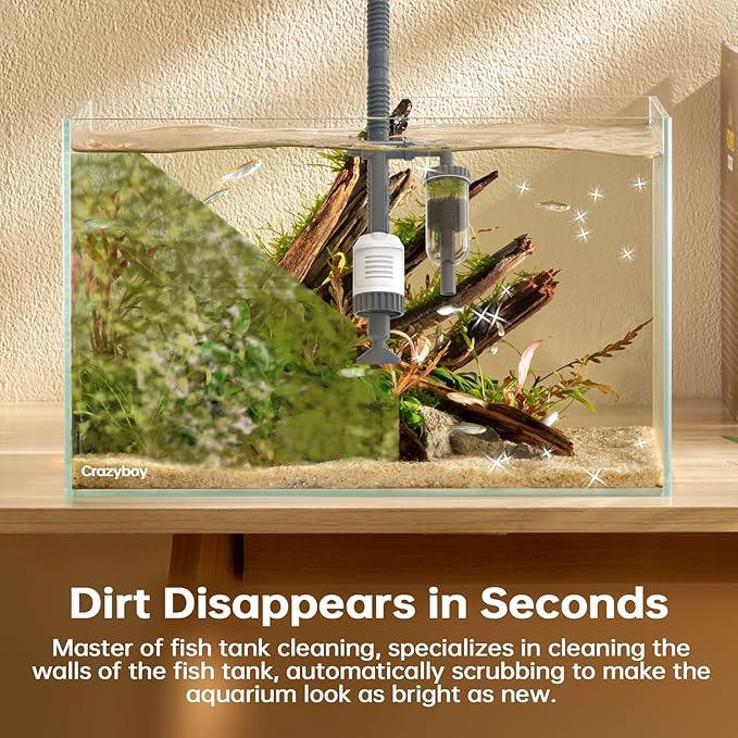 Aquarium Gravel Cleaner Fish Tank Vacuum - 6-in-1 Automatic Removable Vacuum Electric Tool , 30W Strong Suction Electric Cleaner with Adjustable Motor for Efficient Water Change & Cleaning.(Grey)