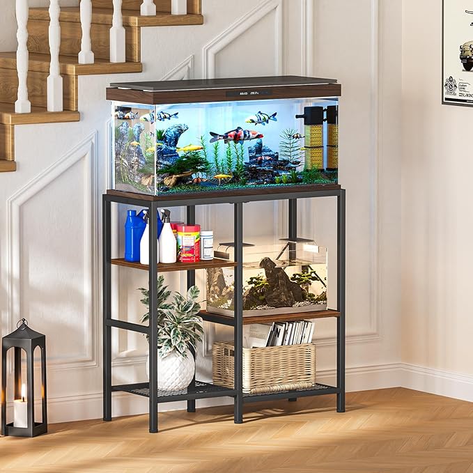 Snughome 30 Gallon Aquarium Stand, Fish Tank Stand with Shelf for Storage, 3 Tier Heavy Metal Frame Fish Tank Stand, 30 Gallon Aquarium Stand for Home Office, 30.31" x 12.01" x 30.31", Rustic Brown