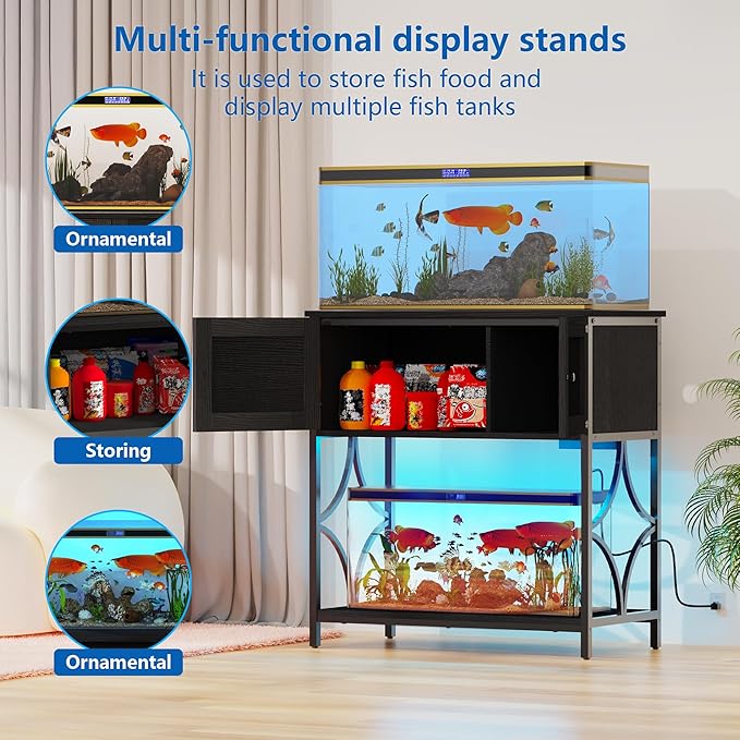 20-29 Gallon Aquarium Stand with Power Outlets & LED Light, 330LBS Capacity, Metal Frame Fish Tank Stand with Cabinet Accessories Storage for Reptile Tank, 30.7" L*15.7" W Tabletop, Black