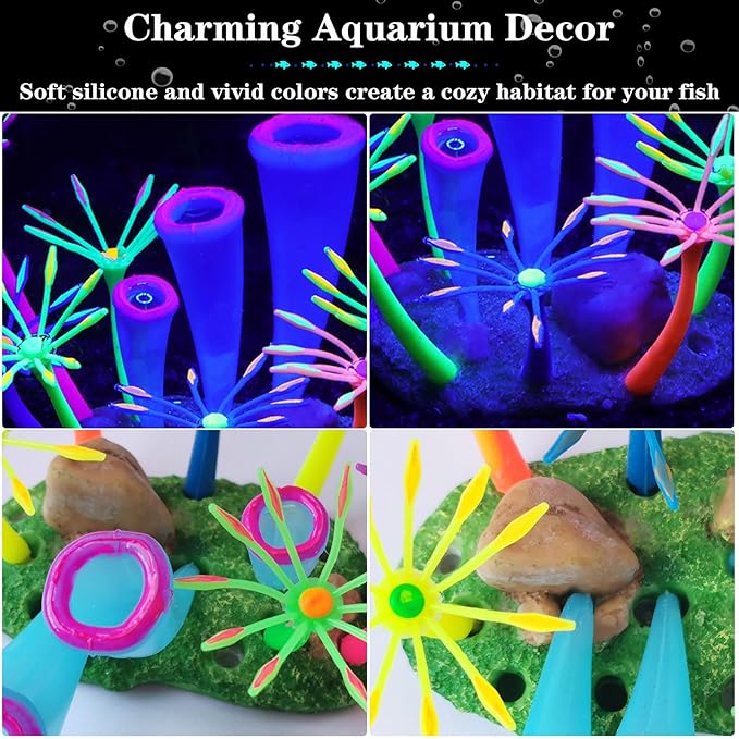 Glow in Dark Fish Tank Decorations for Aquarium, Artificial Soft Anemone Coral Plants Ornaments for Aquarium Decor Landscape, Silicone Fish Tank Accessories Decorations (Purple)