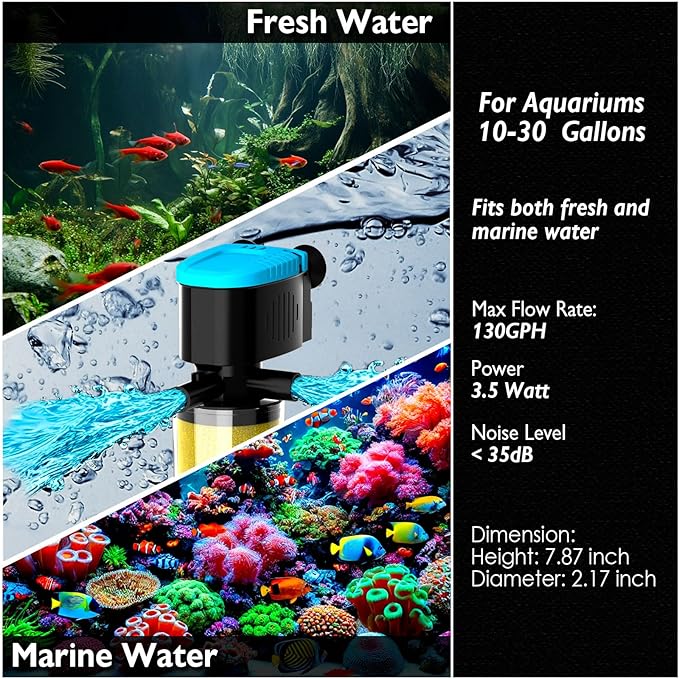 AquaMiracle Submersible Aquarium Filter 3-Stage in-Tank Filter with Dual Water Outlet & Aeration, 130GPH Internal Fish Tank Filter for 10-30 Gallon Aquariums
