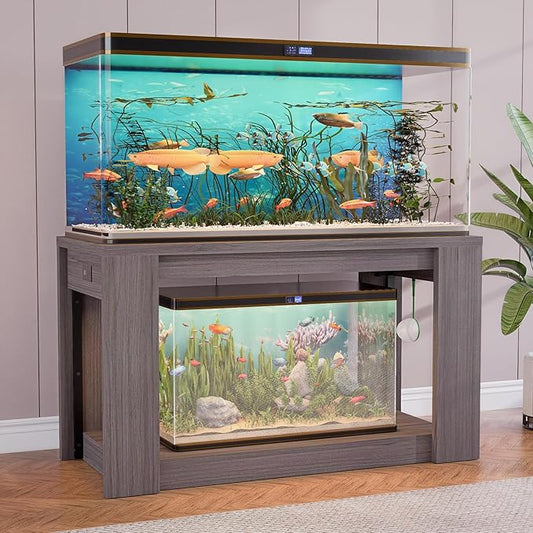 Farmhouse 75–120 Gallon Aquarium Stand for Fish or Reptile Tank, 48"x24" Tabletop Terrarium Stand with Power Outlet and Storage Shelves, Natural Brown Fish Tank Stand, 1500LBS Capacity,Gray Wood