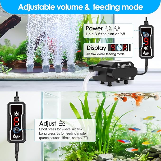 AQQA Powerful Aquarium Air Pump with Controller, Feeding Mode, 9-Speed Airflow Adjustable 4 Air Outlets Oxygen Aerator with Complete Accessories for Large Fish Tanks, Ponds & Seafood Markets (10W/15W)