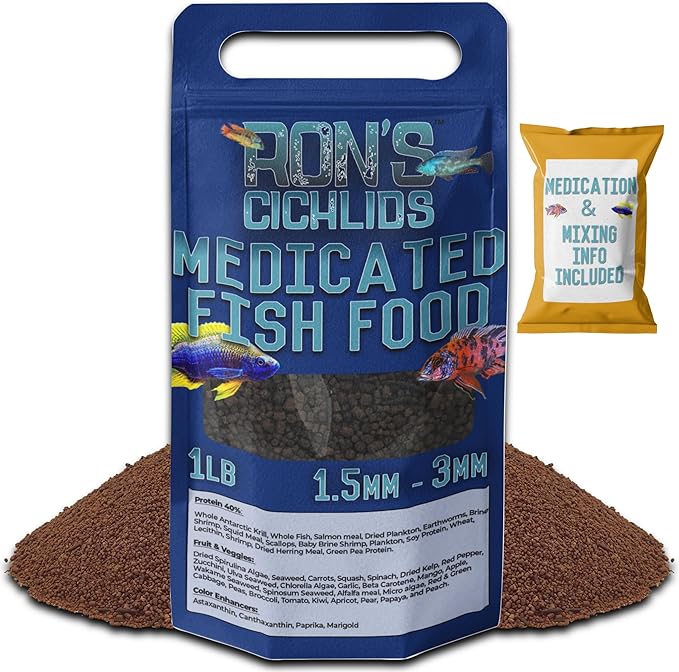 RON'S CICHLIDS Medicated African Cichlid Fish Food Pellets - USA Made Slow Sinking Cichlid Pellets - Treats Bloat, Ich, and More - Mbuna Cichlid Food Blend, 1 LB