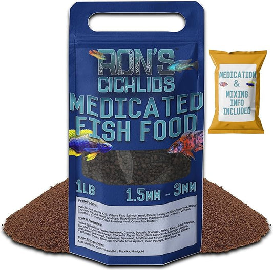 RON'S CICHLIDS Medicated African Cichlid Fish Food Pellets - USA Made Slow Sinking Cichlid Pellets - Treats Bloat, Ich, and More - Mbuna Cichlid Food Blend, 1 LB