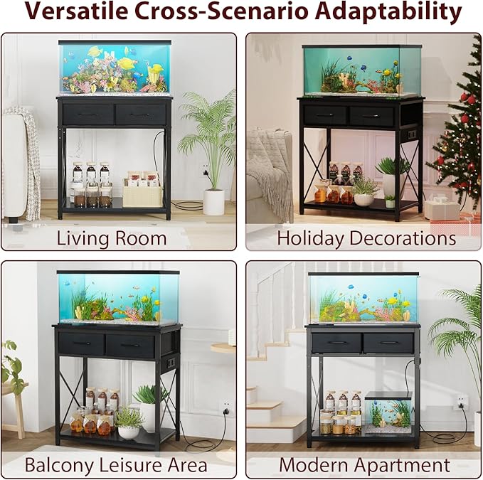 20-29-37 Gallon Fish Tank Stand with Power Outlet, Heavy Duty Metal Aquarium Stand with Two Storage Drawers for Fish Tank Accessories Storage, Perfect for Turtle Tank, Reptile Terrarium, Black