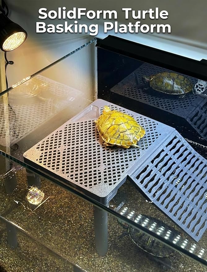 SolidForm Turtle Basking Platform with Ramp, Built-in Food Tray, Zero Zip-Tied, Non-Slip Ramp, 2 Adjustable Height Turtles Dock, for 25–75 Gallon Aquariums(11-in Width) Turtle Tank Accessories