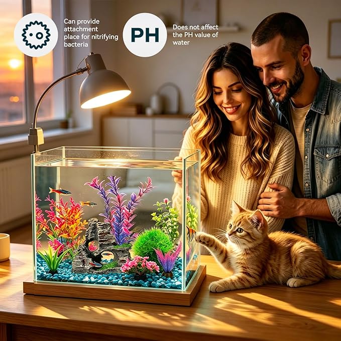 8Pcs Aquarium Decor Set, Artificial Plastic Plants and Rock Cave for Fish Tank Decorations, Goldfish Betta Fish Tank Accessories Supplies Realistic Small Large Fish Bowl Ornaments