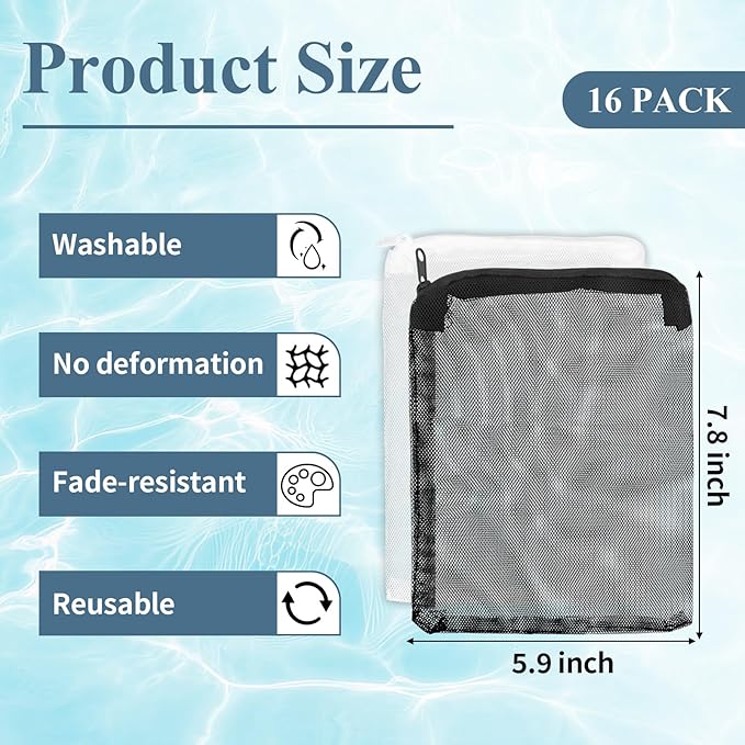16 Pcs Aquarium Filter Media Bags Extra Fine, 7.8 x 5.9 Inch Filter Media Bag with Zipper, White & Black Aquarium Mesh Bag for Fish Tank Activated Carbon, Ceramic Rings
