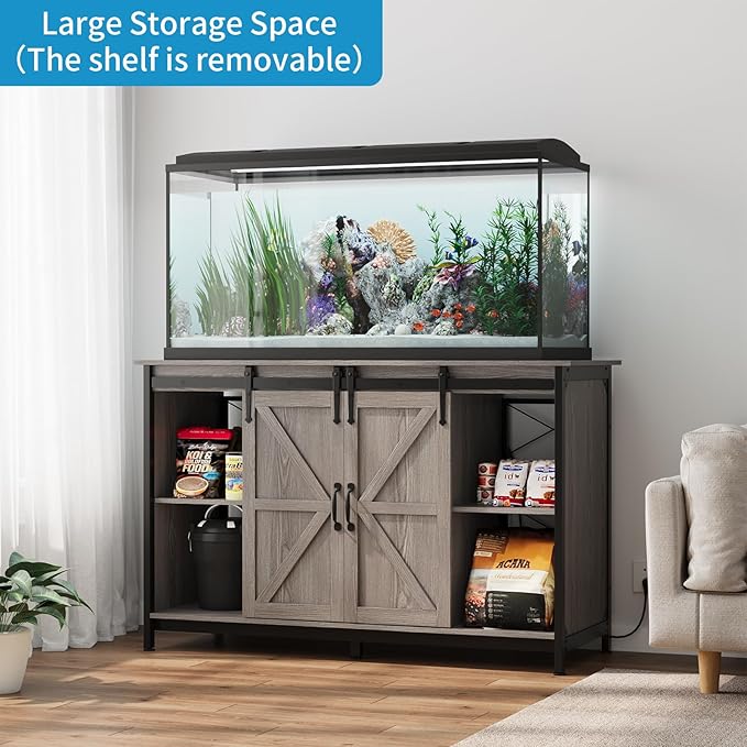 VOWNER Farmhouse 55-75 Gallon Fish Tank Stand with Power Outlet, Aquarium Stand with Storage Cabinet and Sliding Barn Door, Heavy Duty Reptile Tank Stand, for 2 Tanks, 1000LBS Capacity, Grey