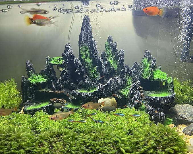 AWXZOM Extra Large Aquarium Decorations - Big Mountain View Ornaments, Come with 1 Little Diver and 2X 4inch Aquarium Plastic Plants