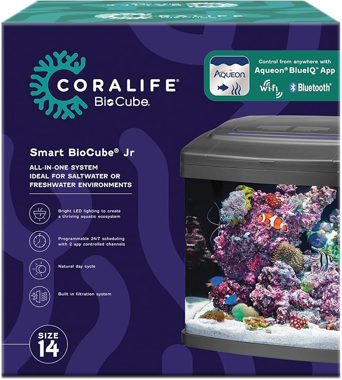 Coralife SMART BioCube Jr, Aquarium Kit, Wi-Fi and Bluetooth Compatible, for Saltwater and Freshwater Environments, 14 Gallons