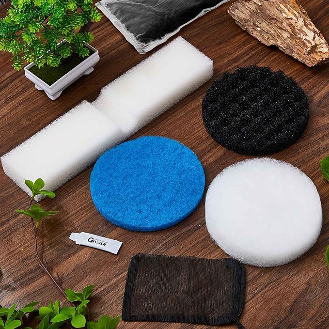 Threlaco 17 Pcs Filter Media Replacement Set Compatible with Fluval Fx4 Fx5 Fx6, Including Fine Filter Water Polishing Pads, Foam, Foam Block, Activated Carbon, Silicone Lube, Mesh Bags