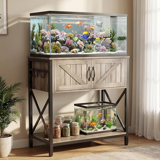 Petrova 20-29 Gallon Fish Tank Stand, Metal Double Aquarium Stand with Storage Cabinet, Heavy Duty 31.5" L* 16.54" W Tabletop, 330LBS Capacity, Rustic Brown