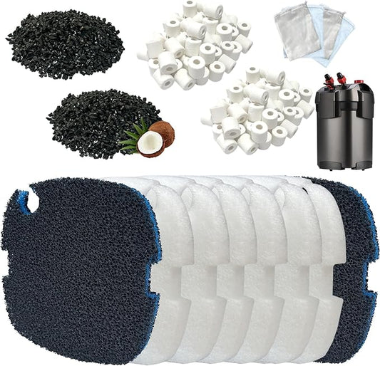 16-Set Aquarium Filter Media Kit Compatible with Marineland C-Series and Magniflow 160, 180, 220 and 250 Canister Filters, Includes Polishing Filter Pads, Ceramic Rings, Coconut Shell Carbon