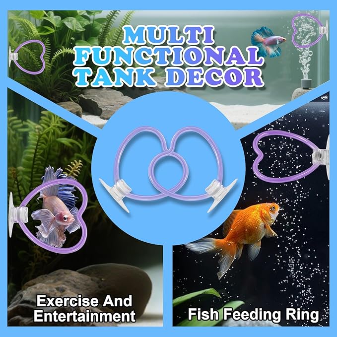 Betta Fish Toys, 2 PCS Heart Fish Exercise Ring and Nitrifying Balls Set, Heart Betta Mirror Toy Set, Feeding Ring with Suction Cup, Fishing Tank Accessories for Gifts (Purple)