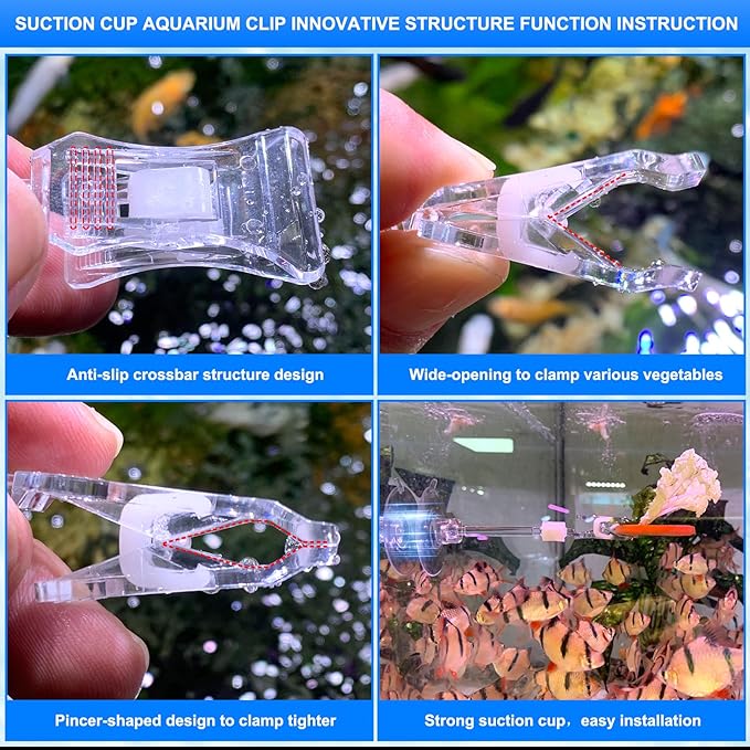 4pcs Suction Cup with Clip Aquarium Suction Cup Clips Seaweed Fish Feeding Clip Saltwater Aquarium Veggie Feeder clamp Fish Accessories (4pcs Suction Cup with Long Clip)