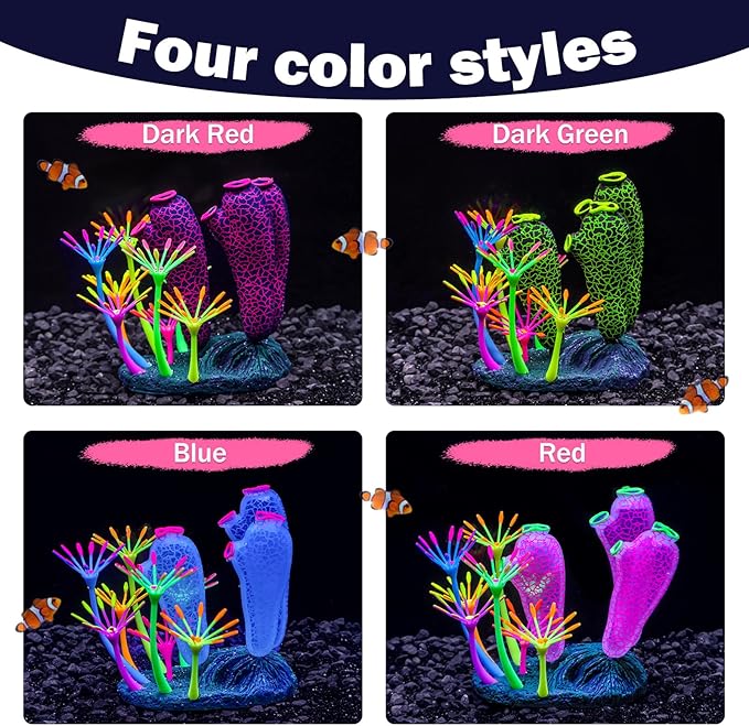 Dynamic Glow in The Dark Aquarium Decorations: Unleashing Visual Effects with Soft Silica Gel, Changing Lights, and Colorful Glowing Coral Ornaments (Blue, Seaweed Moon)