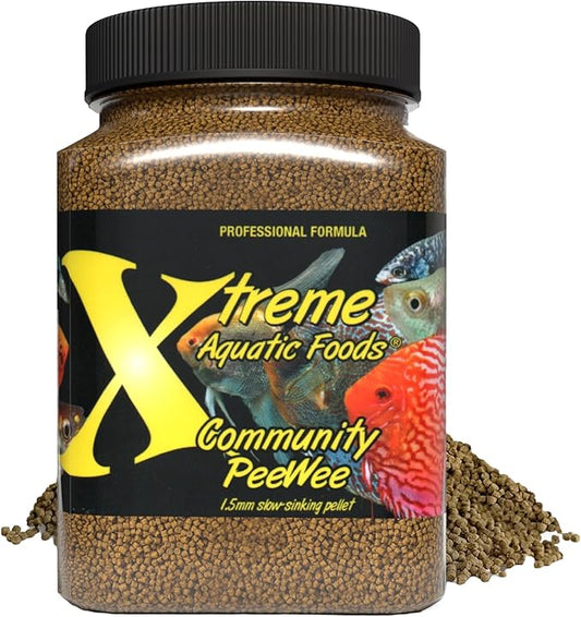Xtreme Community Peewee 1.5mm Pellets: Slow Sinking & Ideal for Community Fish - Boosts Immune & Digestive Health, Enhances Color & Energy, Max Protein Fish Food – USA Farm Grown (20oz)