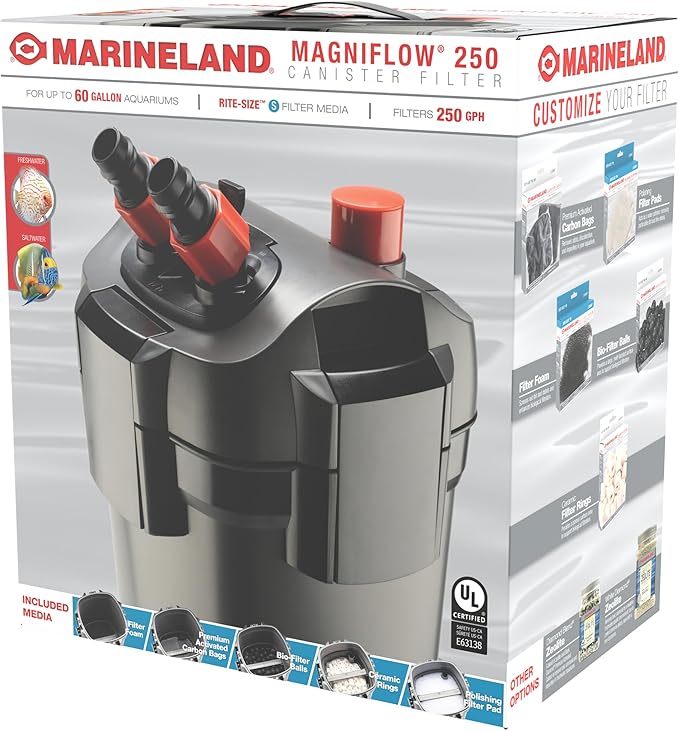 Marineland Magniflow 250 Canister Filter, 1 Count, For Up to 60-Gallon Freshwater or Saltwater Aquariums, Includes Rite-Size S Filter Foam and Polishing Filter Pads, Premium Activated Carbon Bags