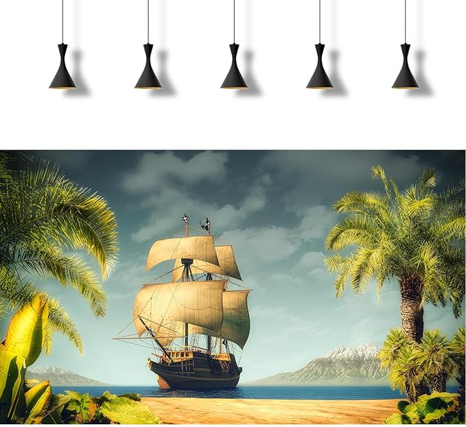 Tropical Island Aquarium Background Vintage Pirates Ship Lush Palm Trees Fish Tank Background Sunset Cloudy Blue Ocean Seascape Wonderland Terrarium Backgrounds for Tank Backgrounds Decors 48x18in