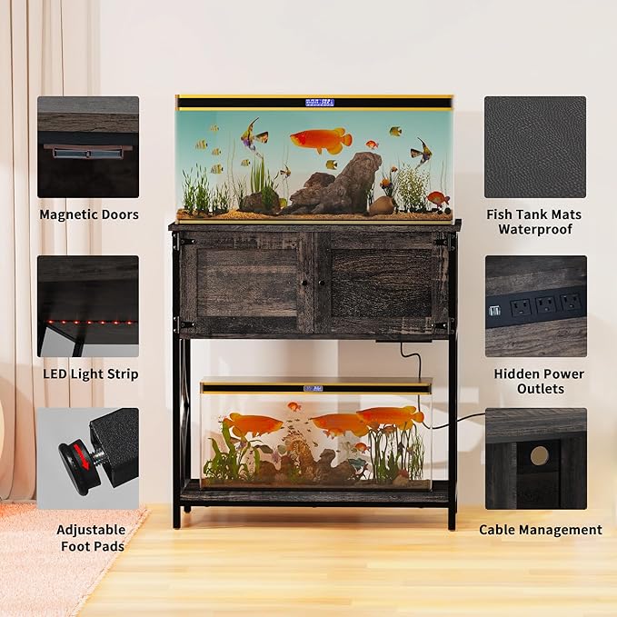 20-29 Gallon Fish Tank Stand, Aquarium Stand with Power Outlets &LED Light, Metal Frame Fish Tank Stand with Cabinet Accessories Storage, 30.7" L*15.7" W Tabletop, 330LBS Capacity, Dark Oak