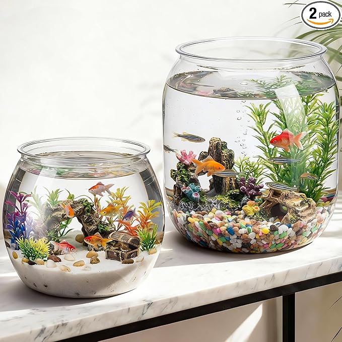 2 Pcs 4 Gallon & 1 Gallon Plastic Fish Bowl Large Round Clear Betta Aquarium Fish Tank Shatterproof Goldfish Bowl Hydroponic Planter Multi-use Container for Terrarium Flower Vase Centerpiece