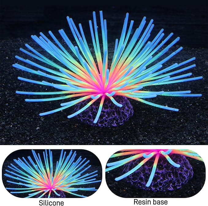 Fluorescent Rainbow Sea Urchin Aquarium Decor - Glows Under Blue Light, Weighted Silicone Ornament for Fish Tank with Swaying Spines, Saltwater & Freshwater, Vibrant Aquascape Centerpiece (Blue)