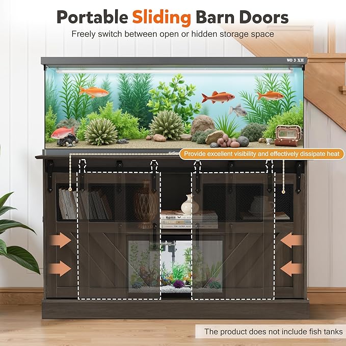 MAGIC UNION 55-75 Gallon Large Fish Tank Stand with Power Outlet, Heavy Duty Aquarium Stand with Sliding Barn Doors, Turtle Reptile Terrarium Stand with Cabinet for Accessories Storage, 1300LBS (Gray)